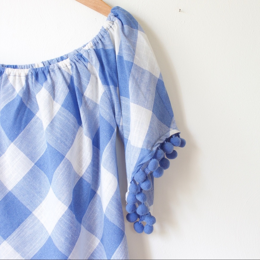 Gingham Off-the-Shoulder Pom Pom Blouse - Picture 4 of 6